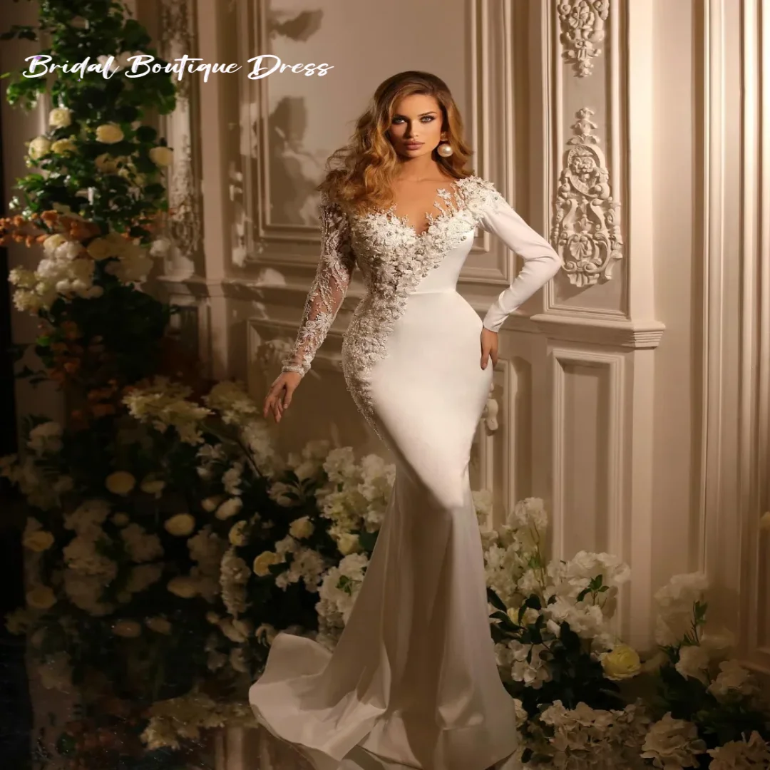 Personalizado luxuoso decote em v sexy sereia vestidos de casamento manga longa pérolas bordado destacável overskirts vestido de novia