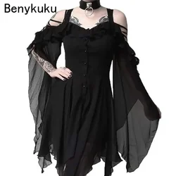 Gothic Punk Strap Dress Women Cosplay Costume Ruffles Flare Sleeve Sexy Off Shoulder Irregular Hem Goth Swing Party Dresses