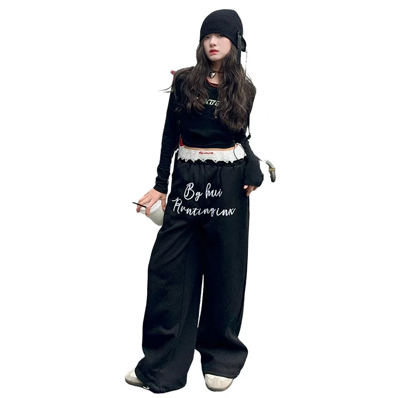 

autumn junior kid suit child outfits Irregular Bottom Shirt+Lace Casual Pant 2pc teen girl Hip hop jazz street dance clothes set
