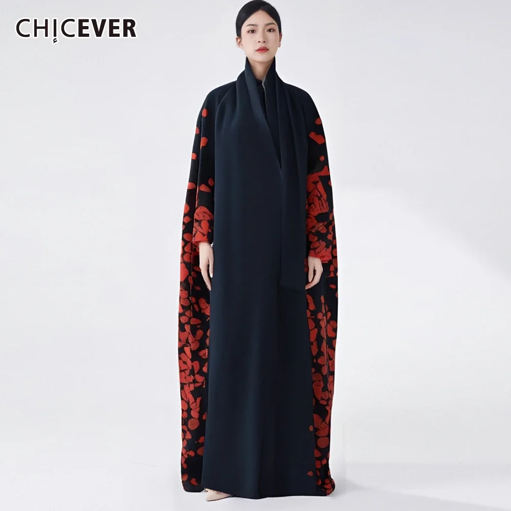 CHICEVER Floral Printed Elegant Large Size Dresses for Women Turtleneck Long Sleeve High Design Robes Female Muslim Clothing New