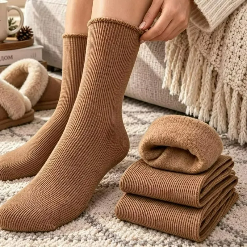 1/10Pairs Winter Warm Plush Lining Socks for Women Men Solid Color Thicken Soft Thermal Wool Socks Sleeping Mid Tube Stockings