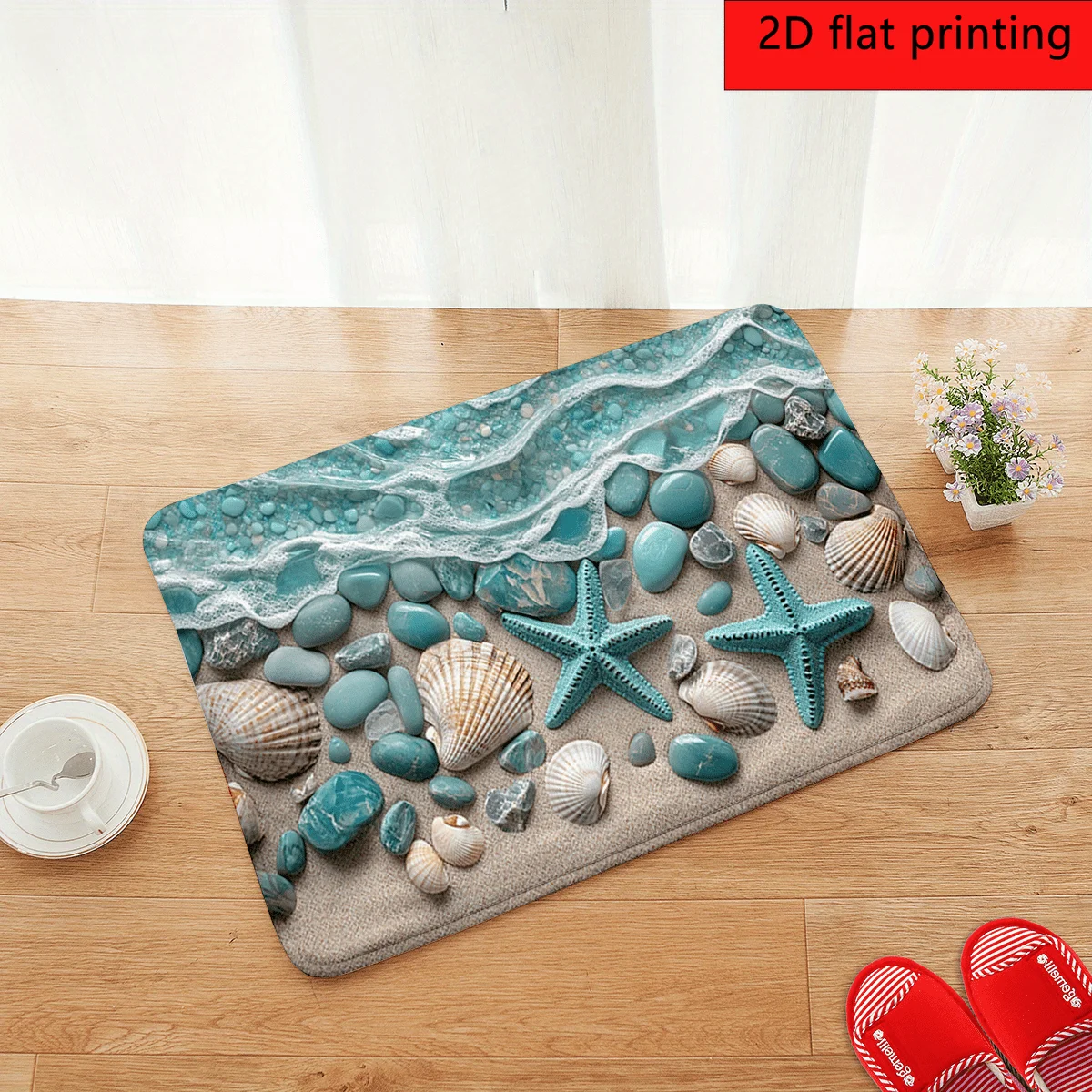 Blue Flower Bath Mat Ocean Shells Floor Mat Non Slip Bathroom Rug Soft Carpet Welcome Mats for Front Door Home Decor