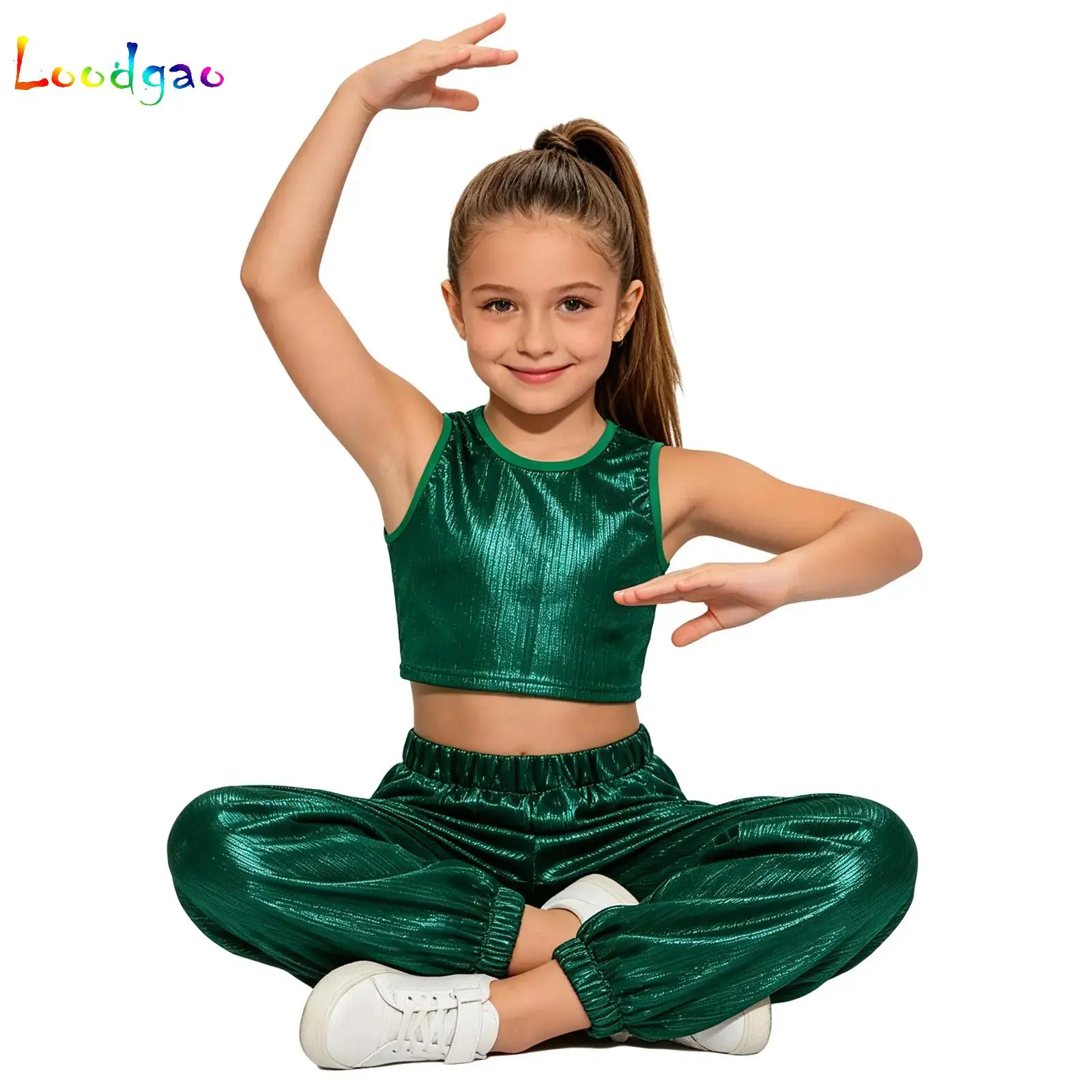 Metallic Hip-Hop Jazz Dance Modern Street Costume Outfits for Kid Girls Sleeveless Ribbed Crop Top with Pants Fashion Streetwear