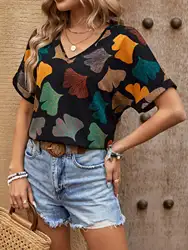 2024 Women's Shirt Short sleeved Loose Small V-neck Bat Sleeve Summer Shirt Thin Style