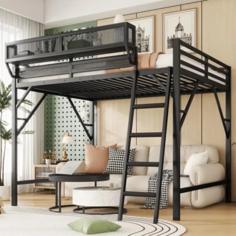 Loft Bed with Storage & Ladder, Metal Full Size Bed with Storage Shelves, Heavy-Duty Frame with Large Under-Bed Space
