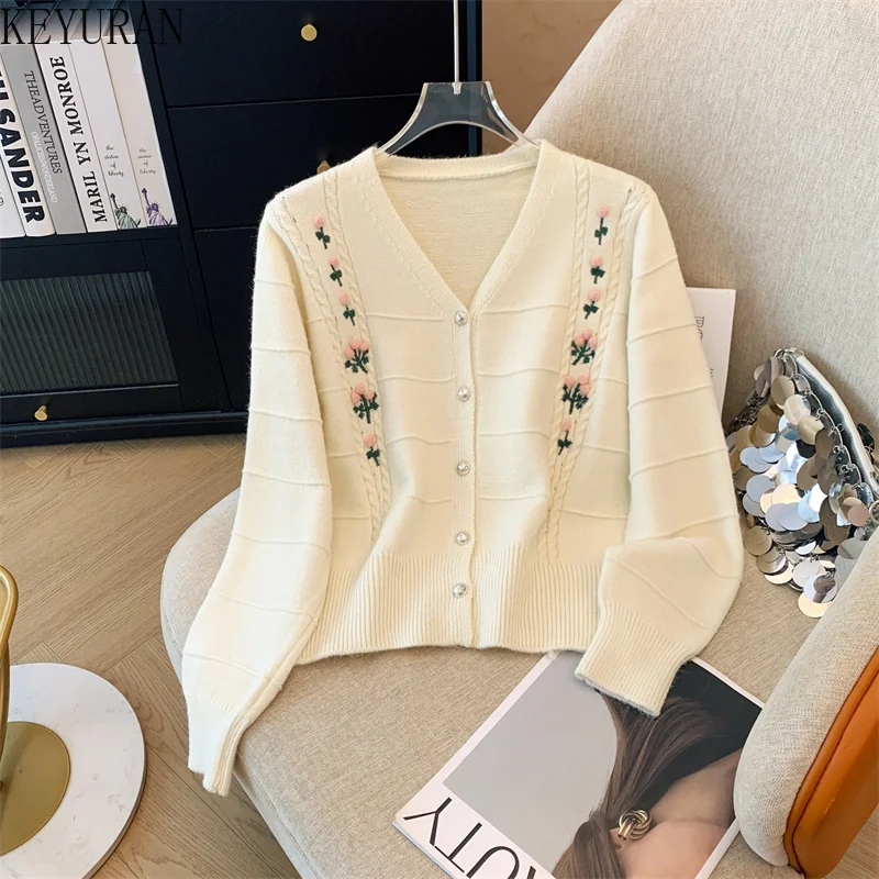 2024 New Autumn Winter Sweet Flowers Embroidered Sweater Women Vintage V-neck Long Sleeve Peal Button Knitted Cardigan Coat Pink