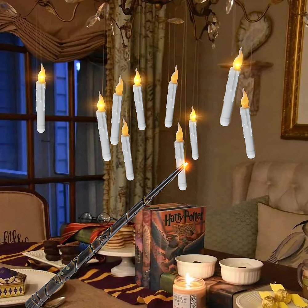 

12pcs Flameless Floating Candles With Magic Wand Remote Battery Operated Hanging Window Flickering Candles For Halloween Decor