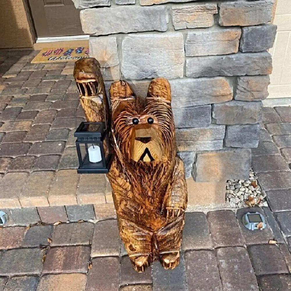 Solar Lantern Resin Carved Bear Figurine Cute Bear Ornaments Light Home Entrance Living Room Desktop Decoration Garden Statue