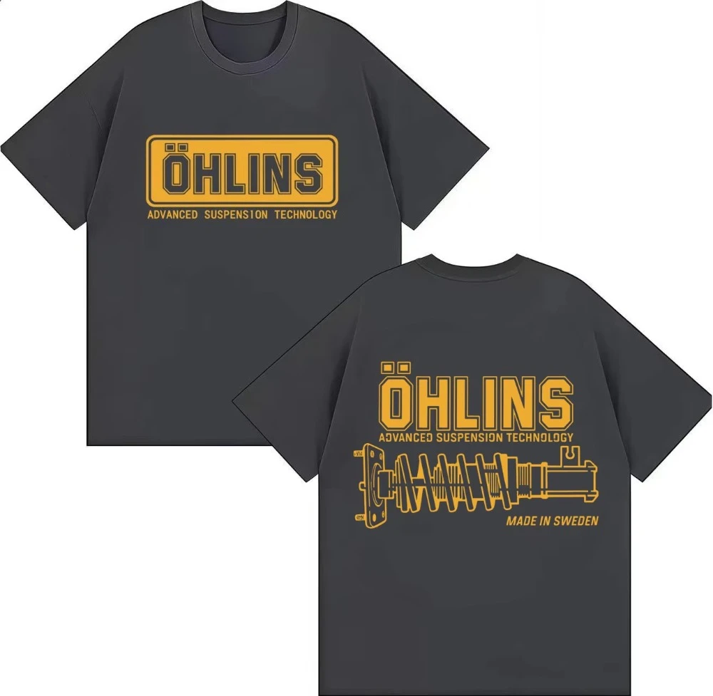 A Stylish and Fun OHLINS Motorcycle Shock Absorber Pattern 2026 Summer New Print Cotton Loose Casual Retro T-shirt Comfortable view 3