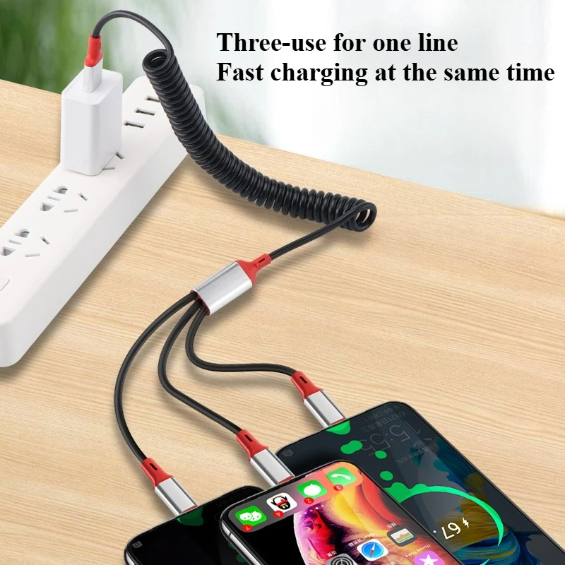 6A Super Fast Charging 3-in-1 Spring Data Cable Suitable for Apple TypeC Micro Charging Cable  for IPhone Samsung Xiaomi Redmi
