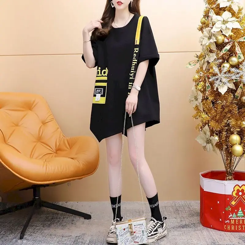 Cotton T Shirt Women Summer Irregular Short-sleeved T-shirt Korean Style Casual Crewneck Loose Tops Letter Print Fashion Tshirt