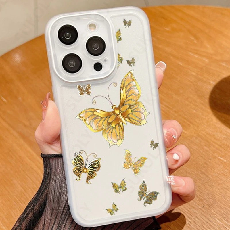 Golden Butterfly Pattern Case For iPhone 14 15 13 Pro Max 13 14 Pro   15 Pro ShockProof Silicone Transparent Soft Phone Case