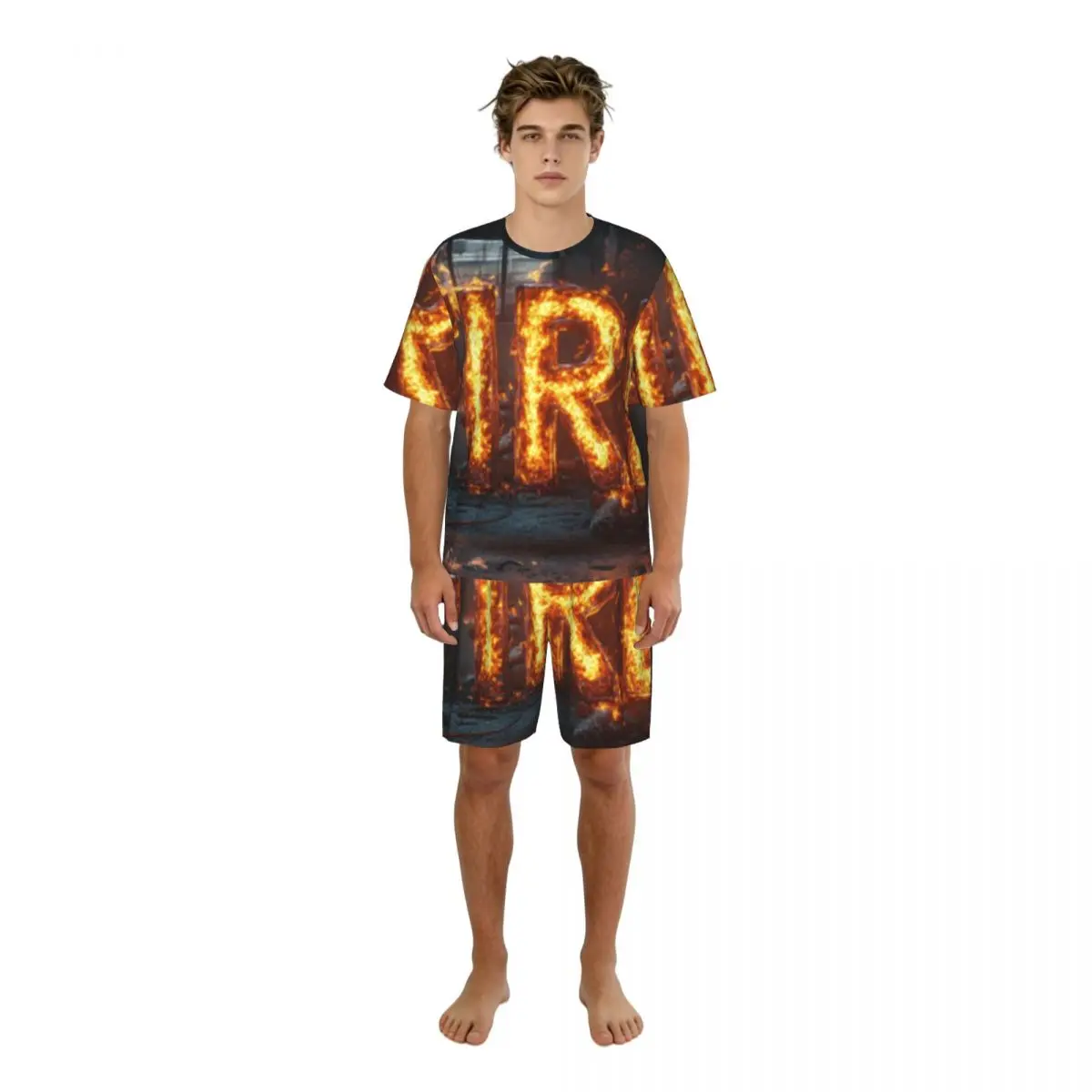 

Мужской повседневный пижамный комплект: футболка с коротким рукавом и шорты с принтом «Огненный текст», домашняя одежда, костюм для сна