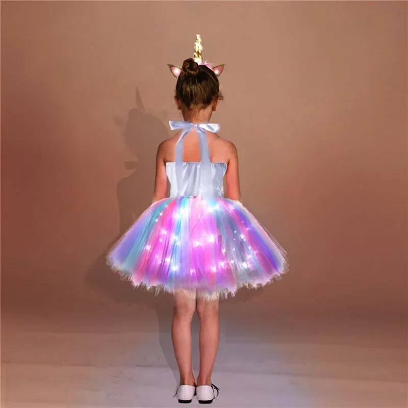 Rainbow unicorn dress girls LED light flower birthday party Tutu outfits kids Halloween Christmas Unicorn costume with headband