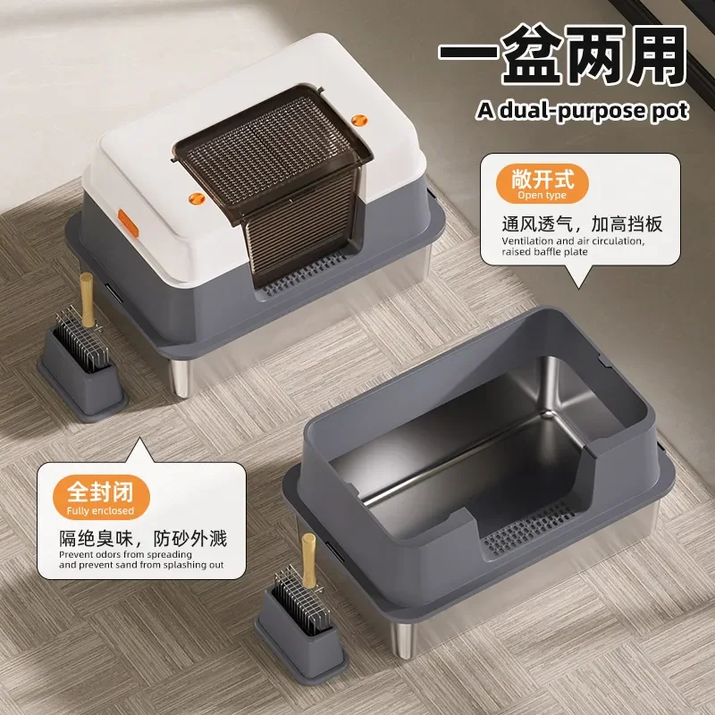 for Extra Large Metal Stainless Steel Cat Litter Box 60x40cm Fully Enclosed Double Layer High Side Anti Splash Design