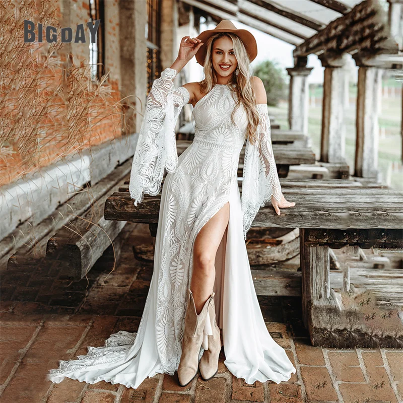 

Elegant Mermaid Boho Wedding Dresses Women 2024 White Lace Long Sleeve Open Back Split Bridal Gown Sweep Train Vestidos De Noiva