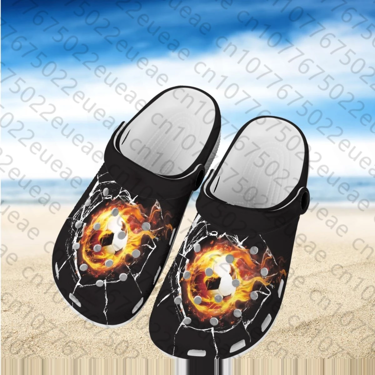 Summer Breathable Hole Slippers Non-slip Comfortable Beach Couple Wading Shoes 3D Printing Football Flame Design Home Slippers