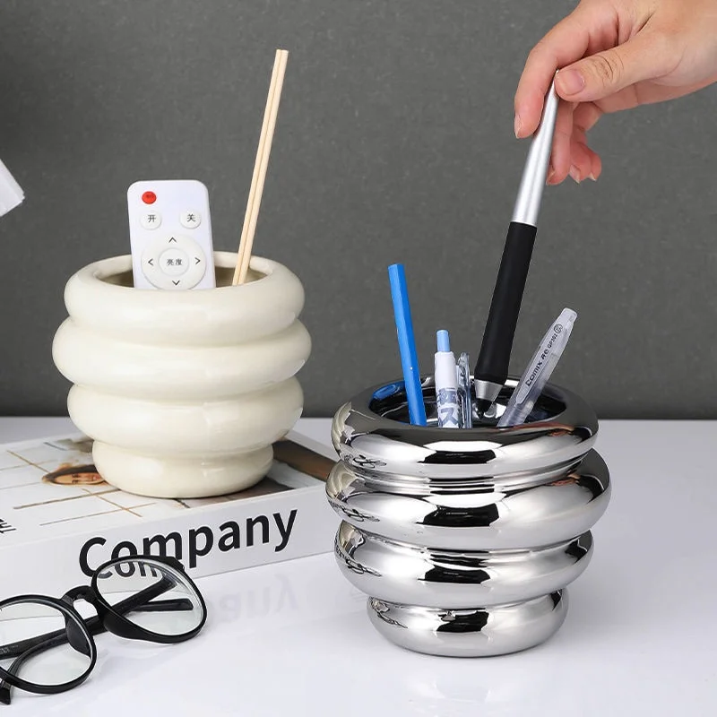 Light Luxury Creative Pen Holder Ceramic Cream Style Makeup Brush Comb Storage Organizer Home Vase Decoration Jar