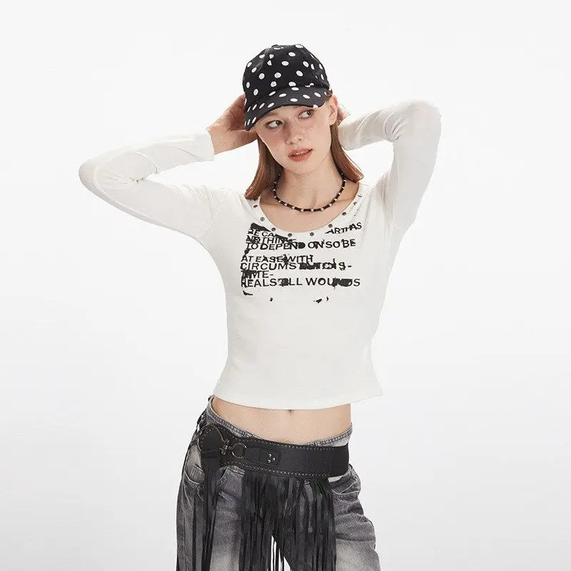 스파이시 걸 오르트 스웨트 티셔츠 여성용 긴 소매 브이넥 프린트 베이스 레이어 탑 헤이헨리2025 가을 컬렉션 슬림 핏 린넨...