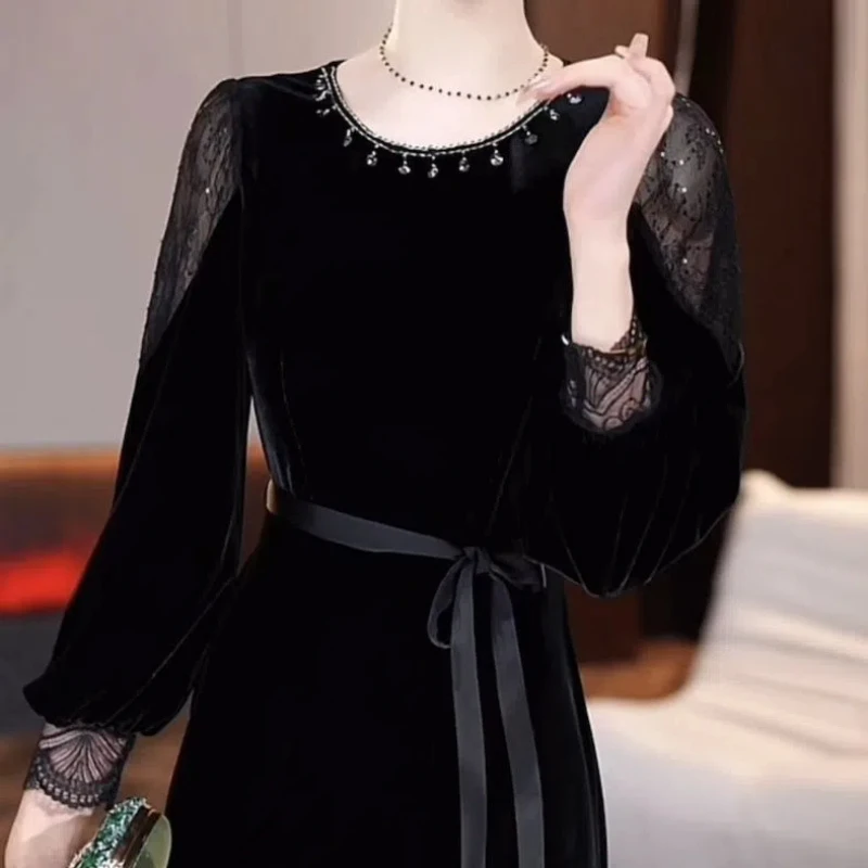 Spring Autumn Round Neck Long Sleeve Vintage Midi Dress Women High Street Casual Sequined Patchwork Dresses Elegant Vestidos