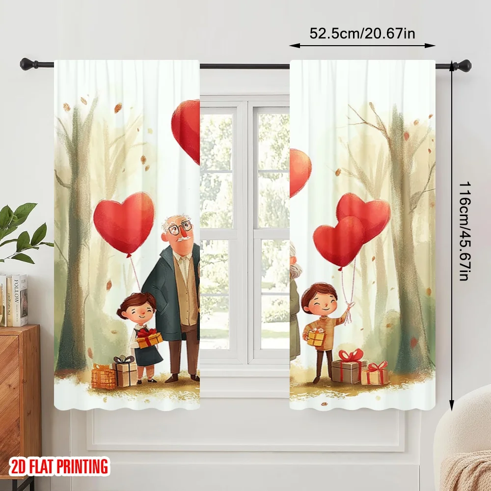 2pcs,2D plane printing Curtains Digital Printed Boster Family Love Polyester Easy Install (without rod) Decorations Inside for
