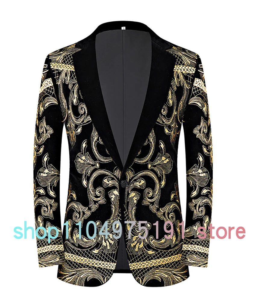 Men's black and gold embroidered velvet suit jacket, slim-fit little tuxedo party singer performance outfit. Celebrity Gowns