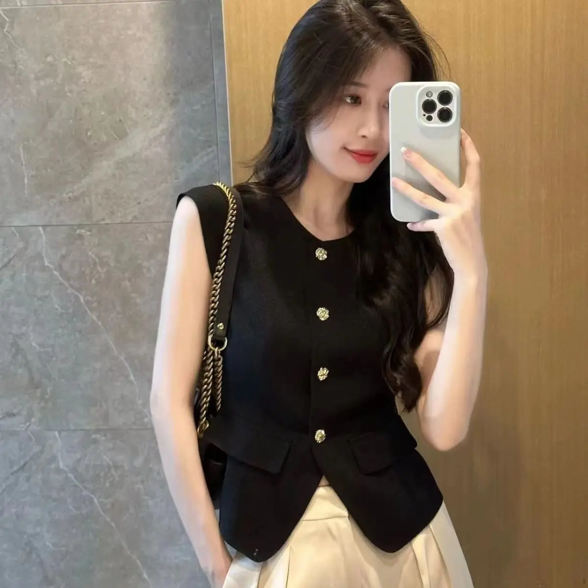 Black Sleeveless Vest Women's Outerwear Thin High-End Fashion Spring Summer Commute Style Pure Color Single Button Closure