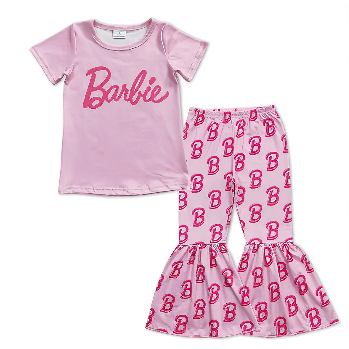 Fashionable Versatile Barbie Printed Girls' T-Shirt Bell Bottoms Set, Sweet, Cute, Comfortable Versatile Two-Piece Set for Women