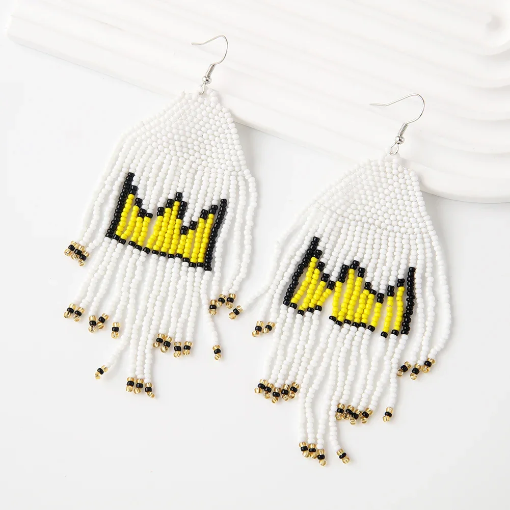 Rice bead earrings  Crown Letters Gradient Fashion  Minimalist  Hand knit Alloy Bohemia Pattern Tassels Beaded earrings