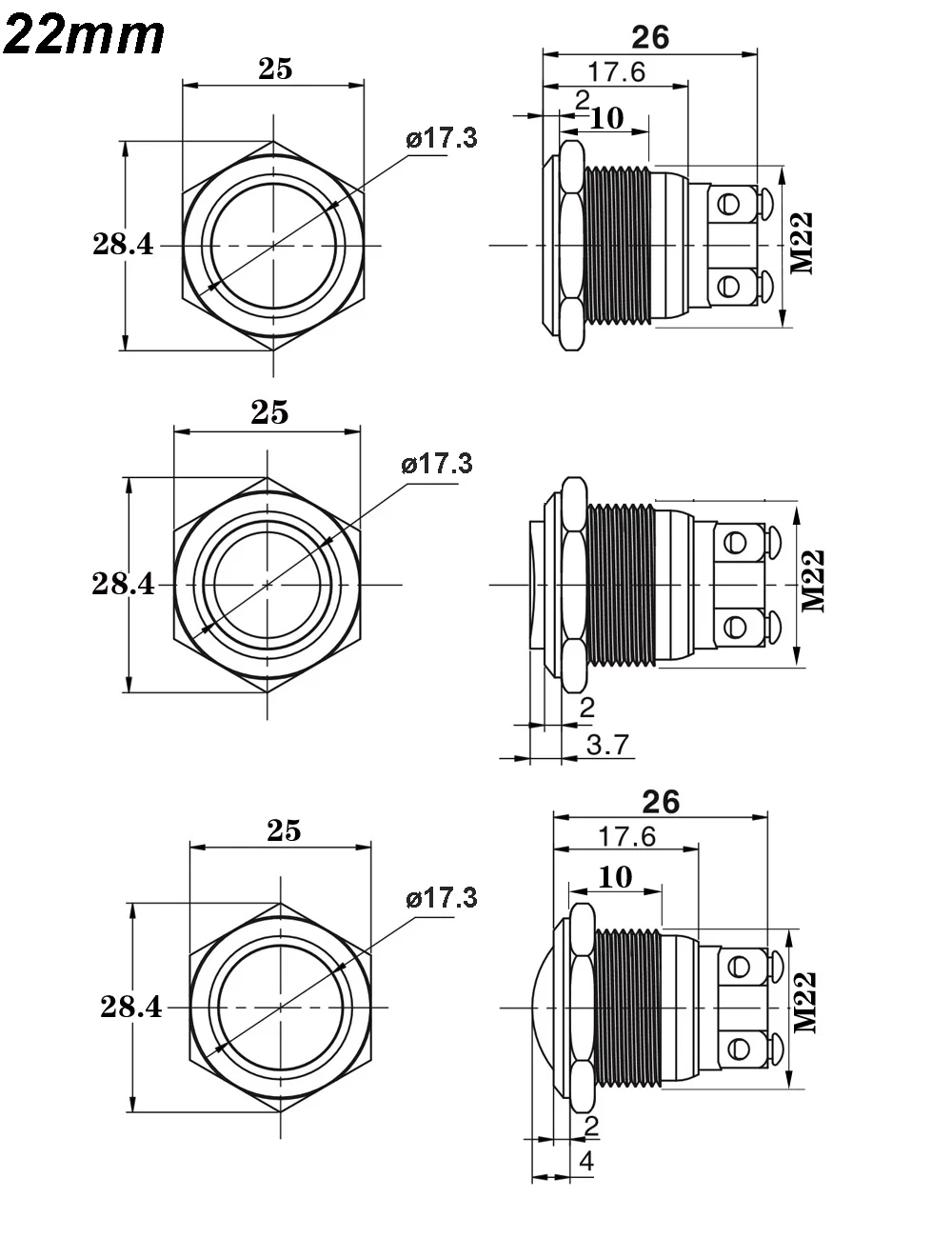 1PC 16mm 19mm 22mm Panel Metal Switch Silver Contact No Welding With Screw Or HTH Mounting Not Fixed Push Button