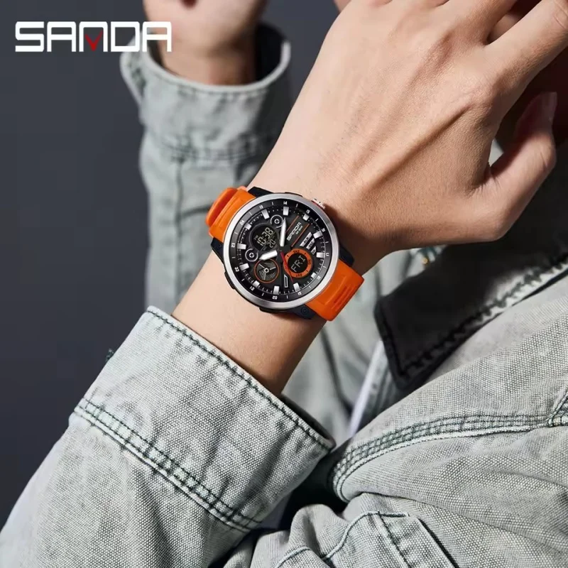 

SANDA 3379 Мужские электронные часы, спортивные многофункциональные мужские часы с двойным дисплеем, водонепроницаемые светящиеся цифровые часы для мужчин