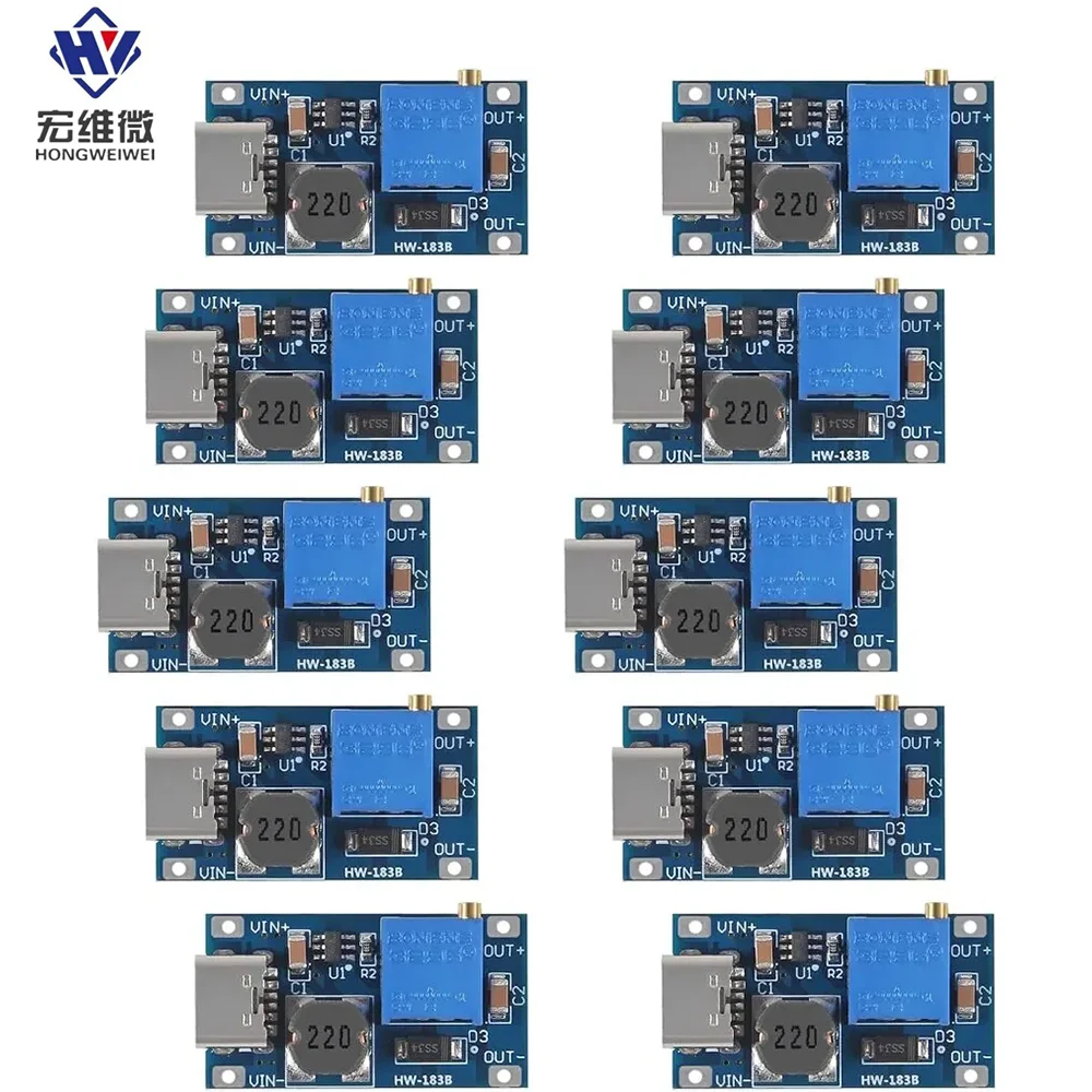 調整可能なステップアップモジュール電圧レギュレーター,マイクロUSB Type-cプラグ,DC-DCブーストコンバーター,2v-24v〜5v-28v,2a,mt3608,10個