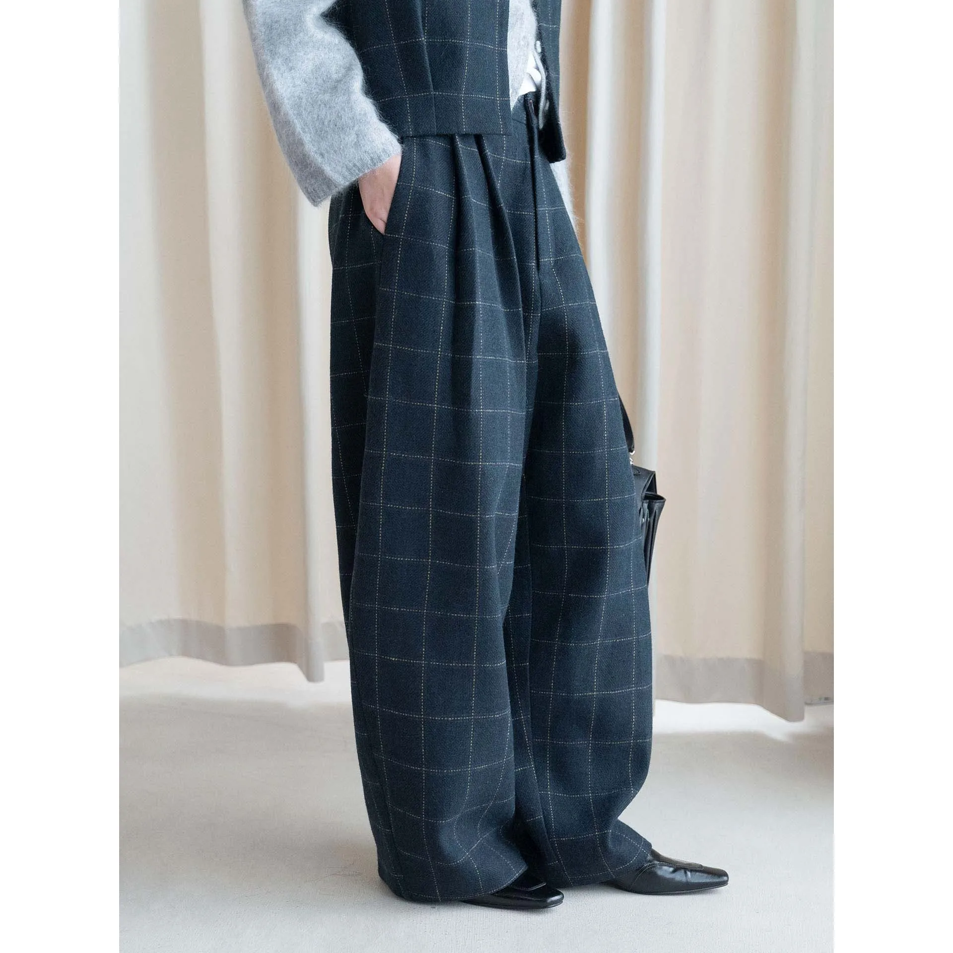 FANAN Retro Plaid Wool Wide Leg Trousers For Women High Waist Pleated Loose Baggy Pants Vintage Check Casual Streetwear Bottoms
