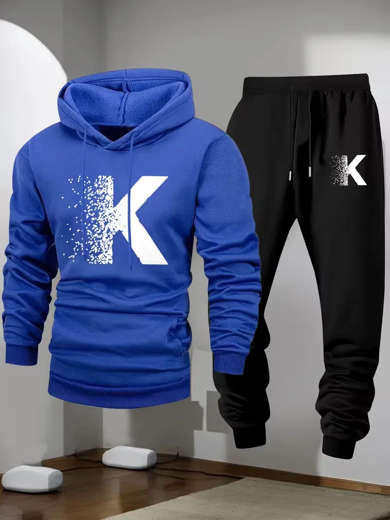 2026 New Men's Minimalist Hoodie Fashionable printed set suitable for casual and warm sportswear in spring autumn and winter view 5