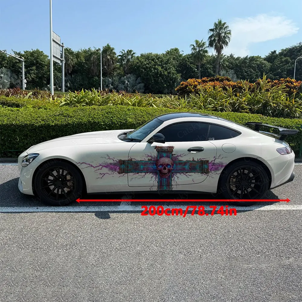 2pcs Purple Lightning Skull Car Side Wraps, Self-Adhesive PVC Waterproof & Scratch-Resistant Stickers, Car Accessory Gift