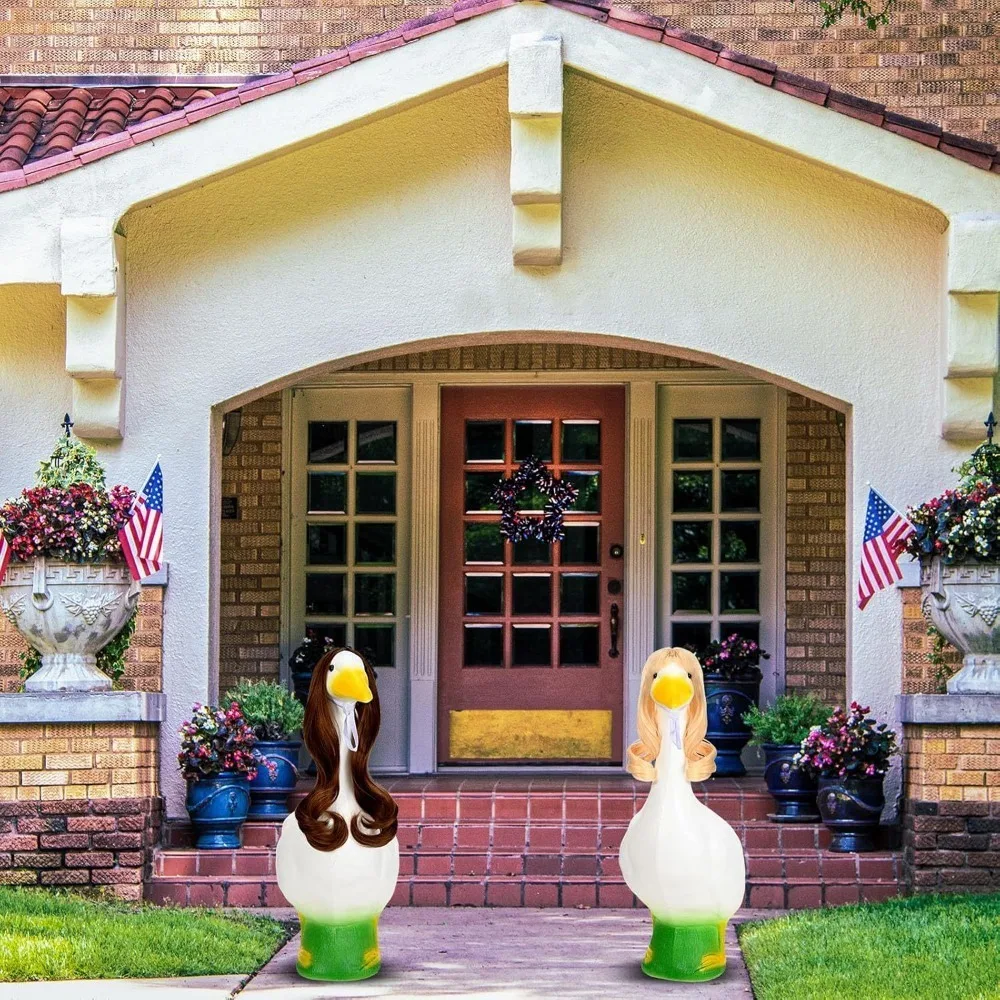 Funny Cute Goose Statue Wig & Headwear Combo Set, Holiday Porch Yard Decor, Decorative Wig Headgear Only, Goose Not Included
