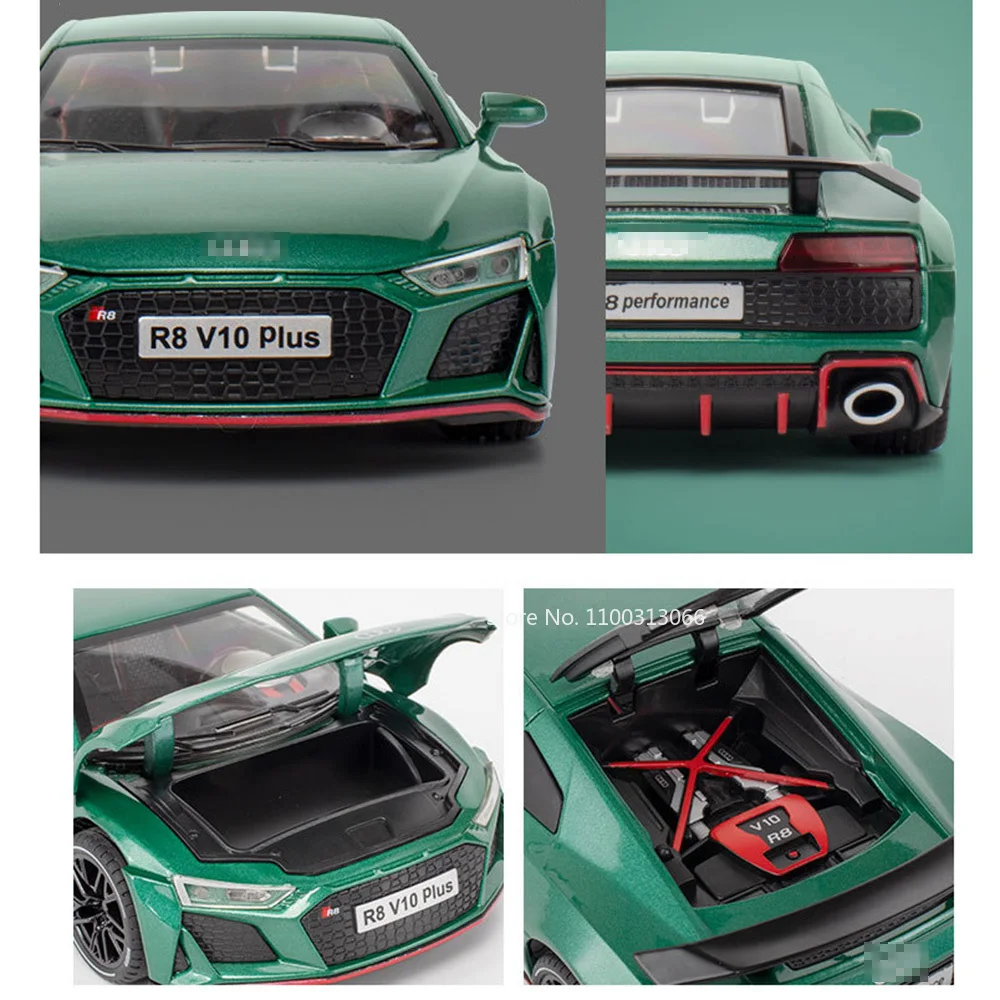 1:24 스케일 R8 V10 PLUS 자동차 모형 고무 타이어 스포츠카 다이캐스트 모델 휠 후진 자동차 수집용 장난감 어린이 선물