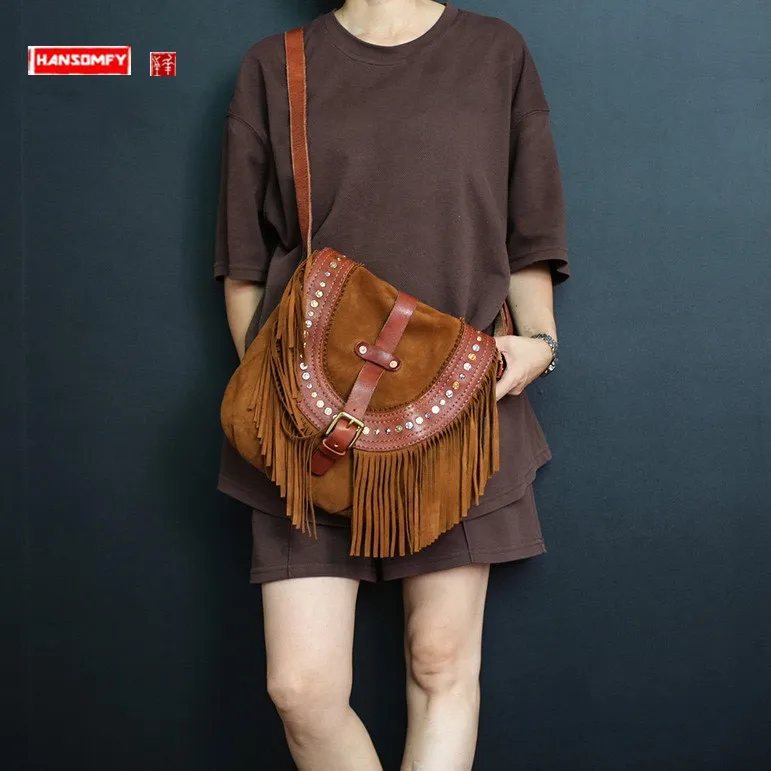 

Artistic Tassel Bag Women's Bag Large Capacity Rivet Fashion Shoulder Bag Soft Leather Vintage Sheepskin Suede Messenger Bag