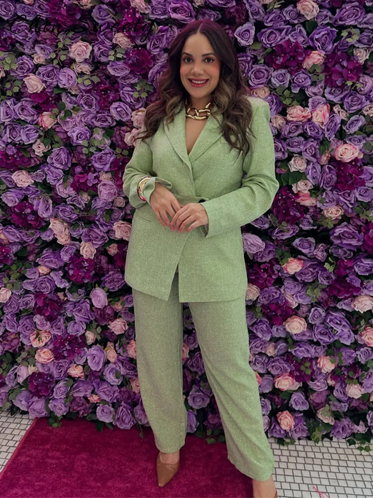

Casual Belt Suit Blazers Sets Women Solid Loose Lapel Full Sleeve Jacket Pockets Straight Trouser 2025 Summer Lady Streetwears