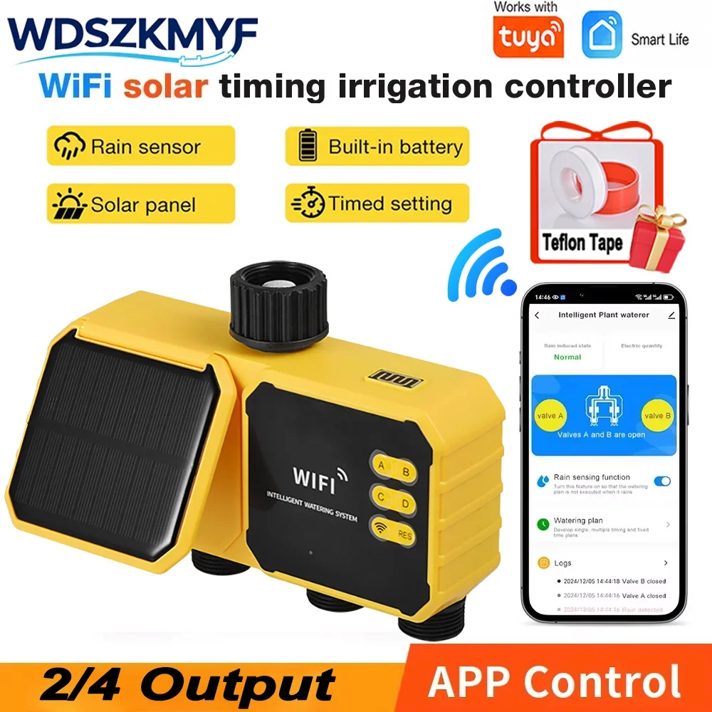 New 2/4-Zone Solar WiFi APP Garden Irrigation Timer Smart Programmable Water Controller with Rain Delay for Outdoor Irrigation