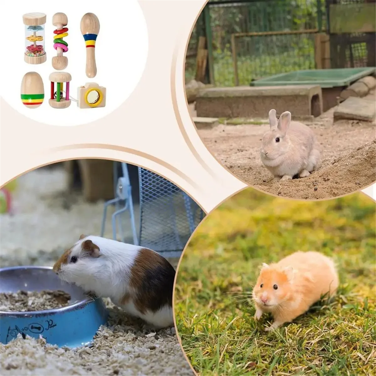 Y34A jouet coloré en bois jouets à mâcher 6x mignon animal de compagnie jouant des dents meulage Hamster anneau de dentition morsure- friandises
