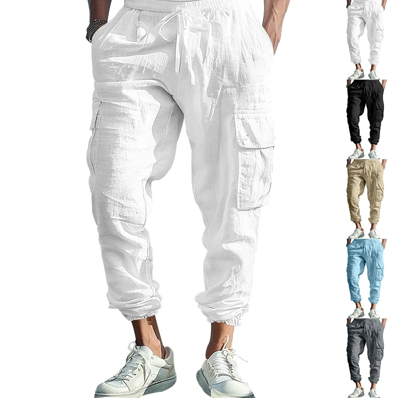 

2024 Spring And Autumn Casual Men's Overalls High Quality Cotton Hemp Bunched Feet Multi-pocket Solid Color Plus-size Men Pants