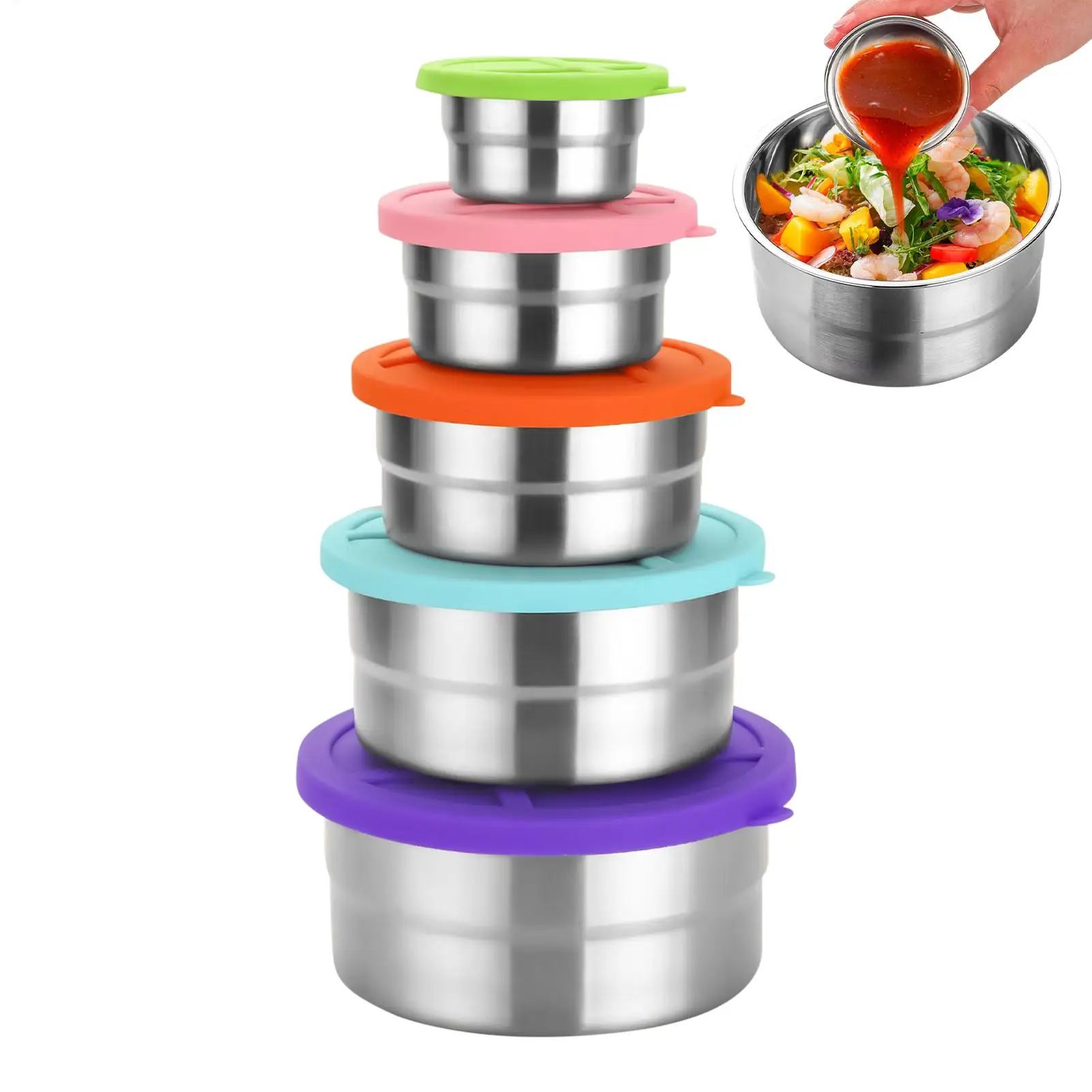 5Pcs Stainless Steel Fresh-Keeping Box with Silicone Lid Refrigerator  Fruit Sealed Bento Box Freezer Bowl Food Storage Containe