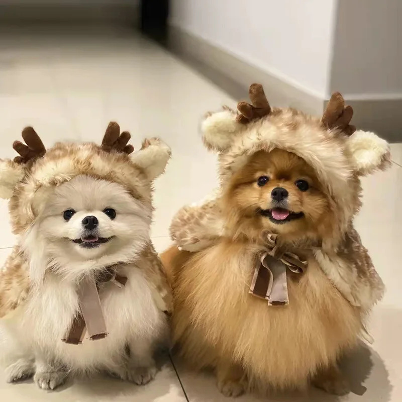 Disfraces Navideños para Mascotas, Capa de Reno con Capucha, Disfraz de Ciervo con Astas y Corbata de Lazo, Atuendo Festivo para Perros Pequeños para Fiestas de Navidad