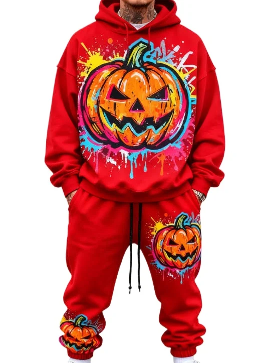 Men's and Women's Pumpkin Pattern Hoodies and Pants Sports Comfort Set