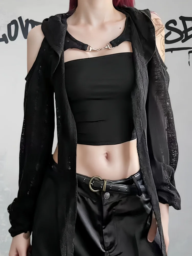 T-shirt à manches longues et épaules dénudées pour femmes, Streetwear d'été, hauts courts, Punk Grunge, ajouré, à capuche, vêtements d'extérieur