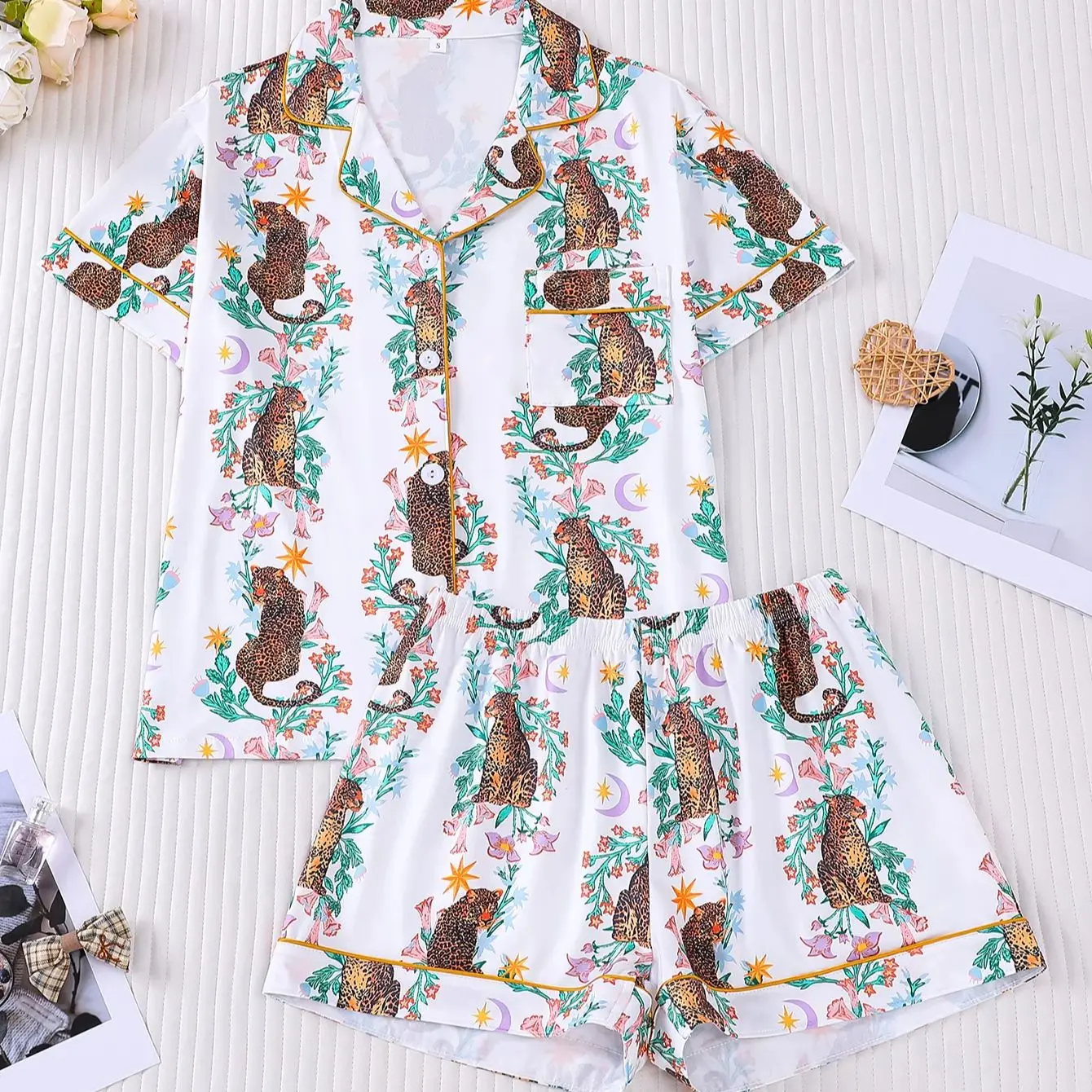 

Fun Novelty Boho Women's Loungewear Set White Leopard Floral Print Short Sleeve Button Down Shorts Comfy Summer Sleepwear