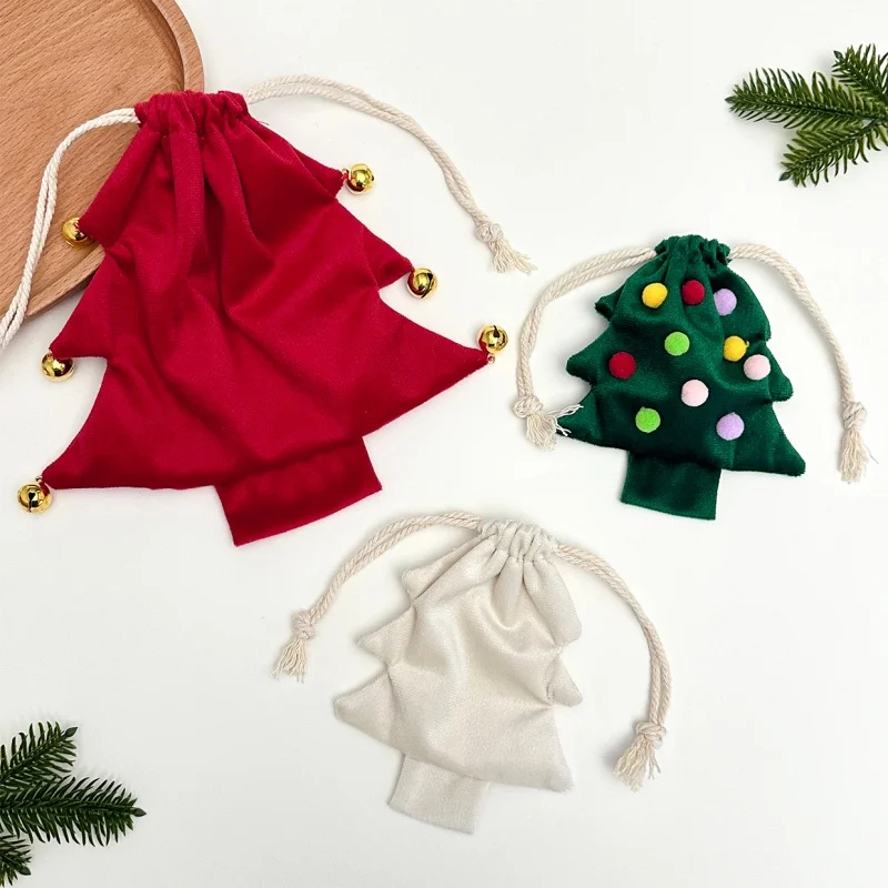 Christmas Drawstring Bags Keychain Xmas Cotton Bags Pendant Red Wrapping Storage Bags for Gift Candy Goodie Party Suppliy
