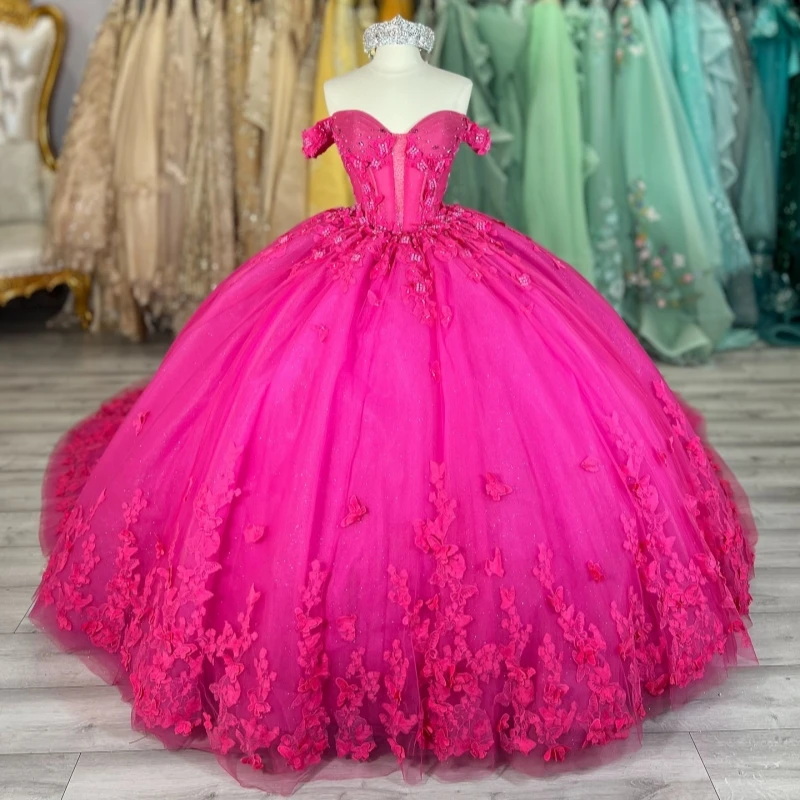 

Розово-красное блестящее бальное платье Quinceanera Платья с открытыми плечами Аппликация из бисера с бантом из тюля Вечеринка на день рождения Милое платье 16, Vestidos 15