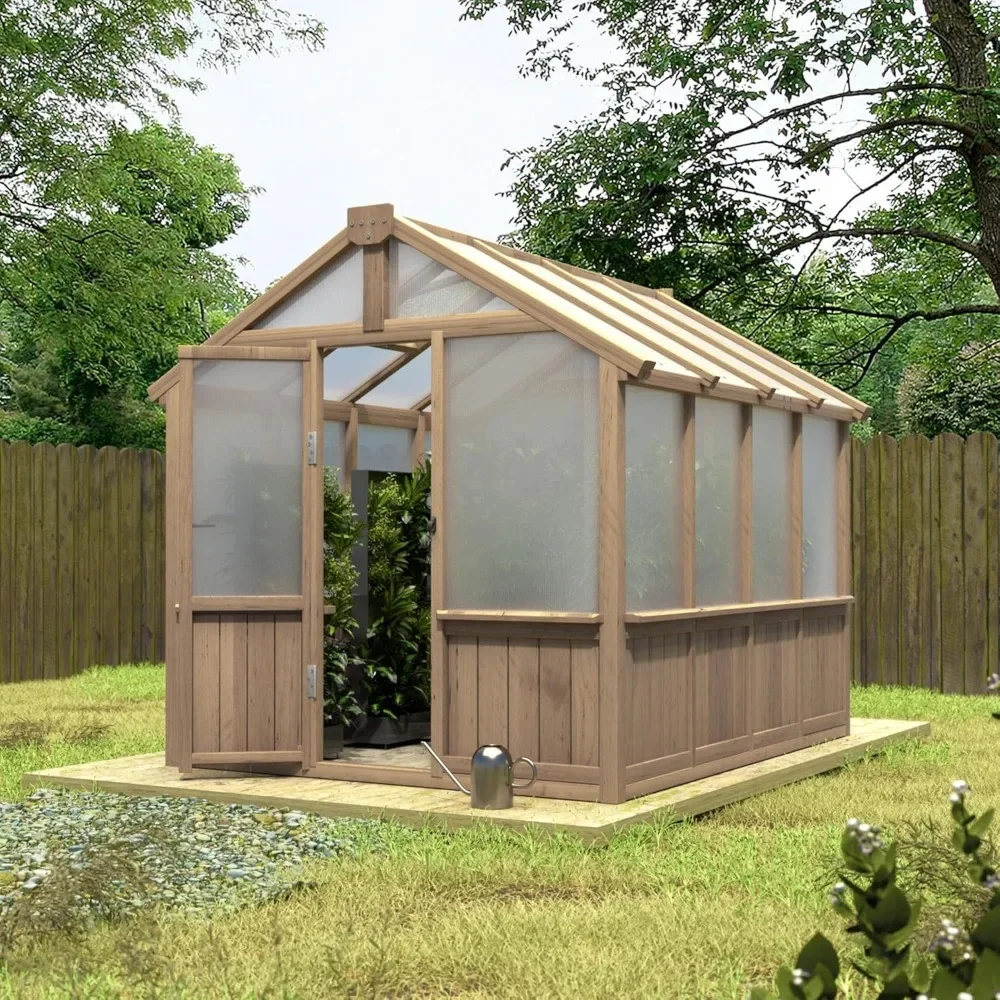 

6 X 8 Ft Wooden Polycarbonate Greenhouse with Ventilated Window and Lockable Door, Walk-in Greenhouse for Backyard, Brown